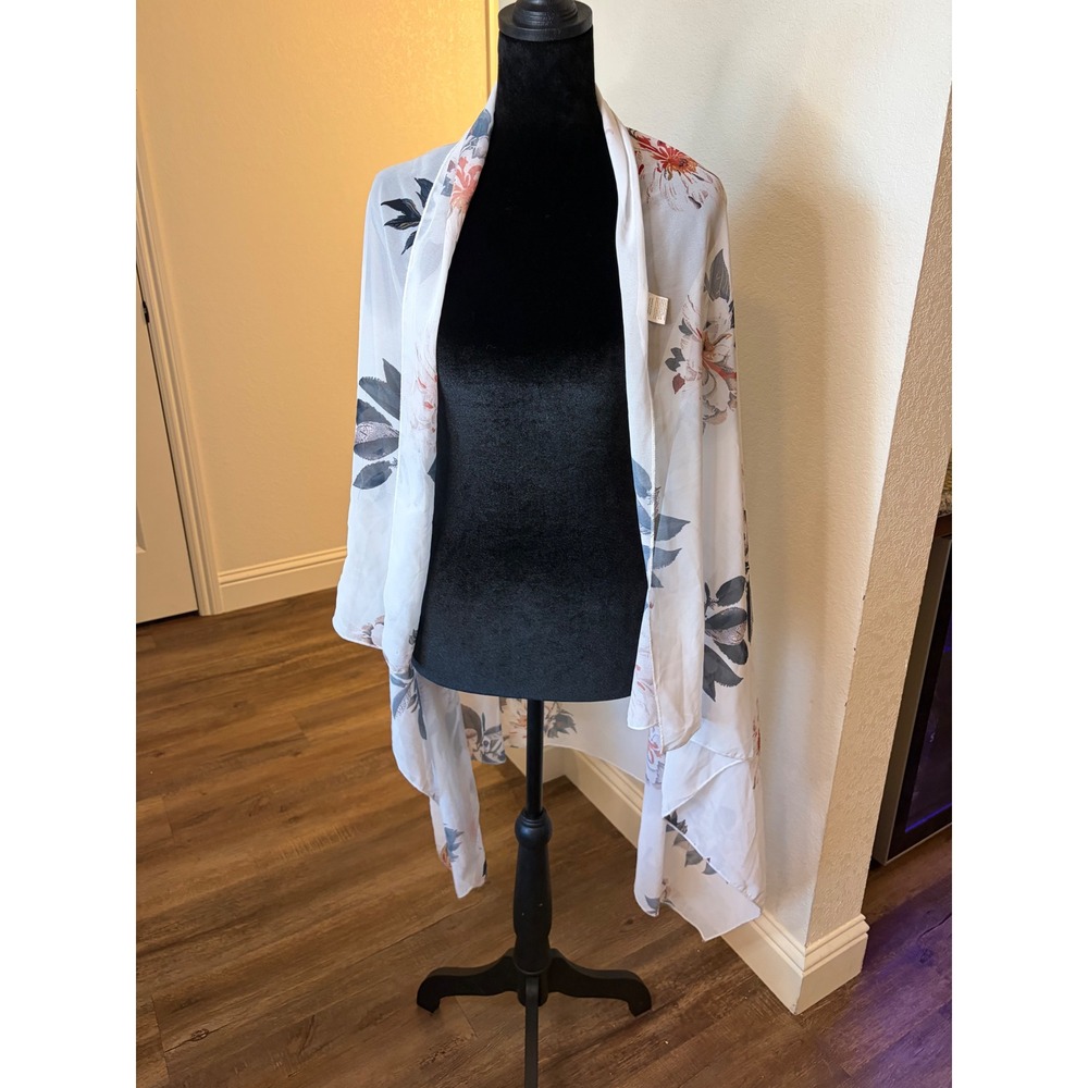 Aerie Floral Chiffon Kimono Wrap White Blue Peach Sheer Open Front Cover Up M